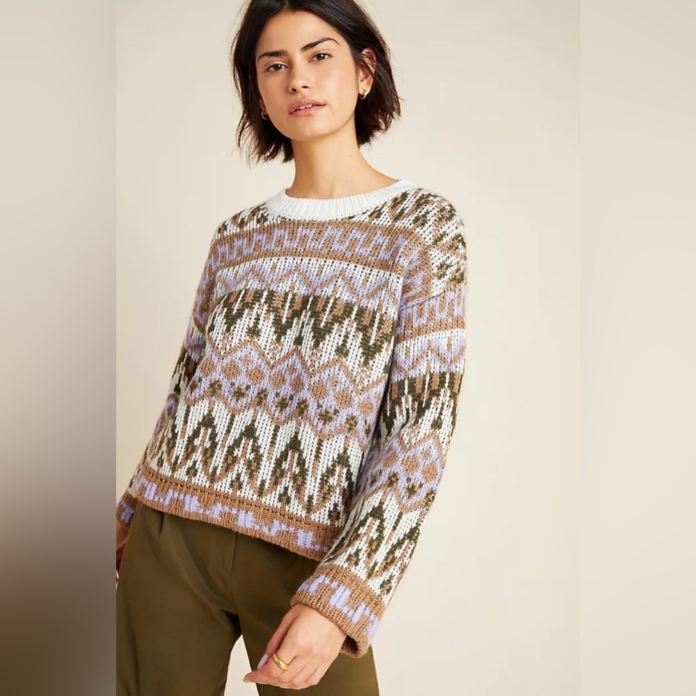 Anthropologie Fabiana Alpaca Wool Blend Fair Isle Knit Cropped Sweater - sz XS